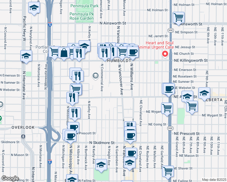 map of restaurants, bars, coffee shops, grocery stores, and more near 315 North Alberta Street in Portland
