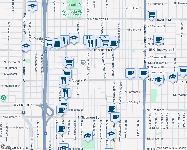 map of restaurants, bars, coffee shops, grocery stores, and more near 315 North Alberta Street in Portland
