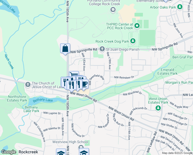 map of restaurants, bars, coffee shops, grocery stores, and more near 5412 Northwest Deerfield Way in Portland