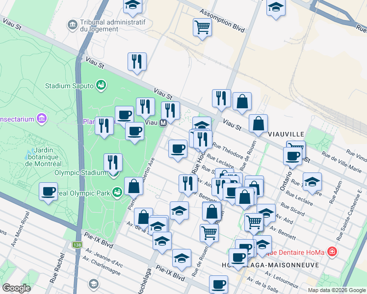 map of restaurants, bars, coffee shops, grocery stores, and more near in Montreal