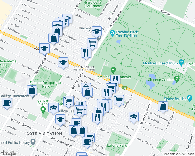map of restaurants, bars, coffee shops, grocery stores, and more near 4057 Rue Dandurand in Montréal