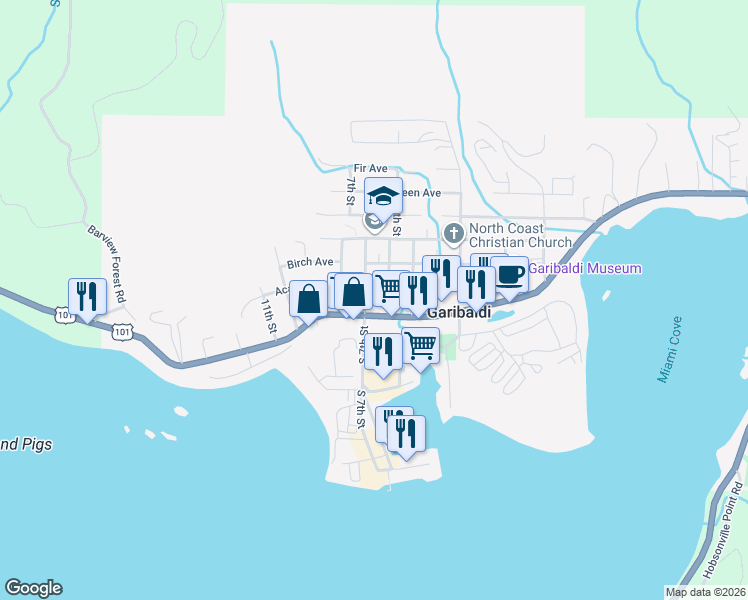 map of restaurants, bars, coffee shops, grocery stores, and more near 101-309 7th Street in Garibaldi