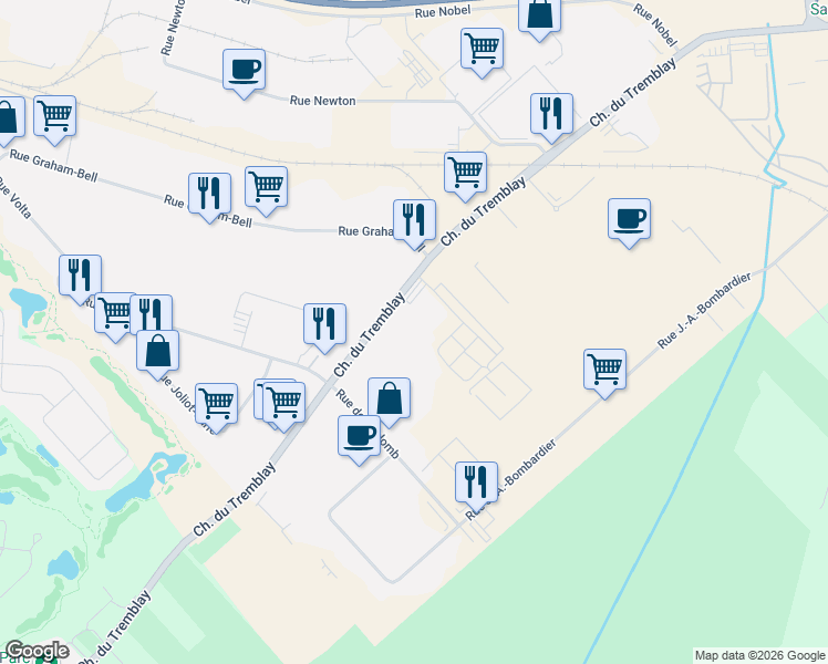 map of restaurants, bars, coffee shops, grocery stores, and more near 114 Chemin du Tremblay in Boucherville