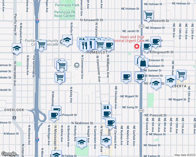 map of restaurants, bars, coffee shops, grocery stores, and more near 5035 North Vancouver Avenue in Portland