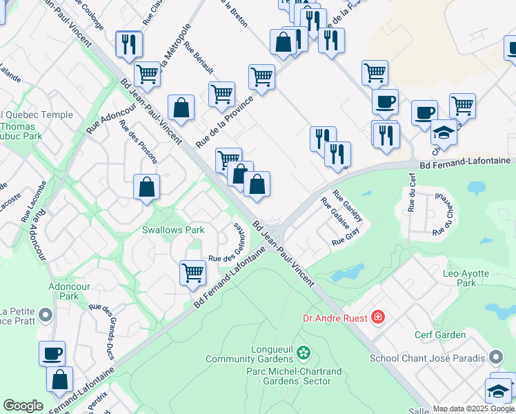map of restaurants, bars, coffee shops, grocery stores, and more near 877 Boulevard Jean-Paul-Vincent in Longueuil