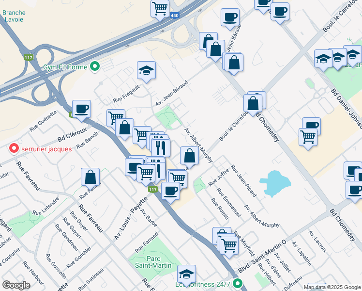 map of restaurants, bars, coffee shops, grocery stores, and more near 3696 Rue Normandin in Laval