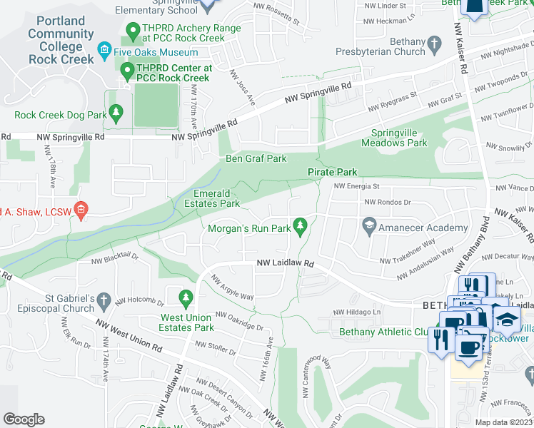 map of restaurants, bars, coffee shops, grocery stores, and more near 16505 Northwest Brandberry Drive in Portland