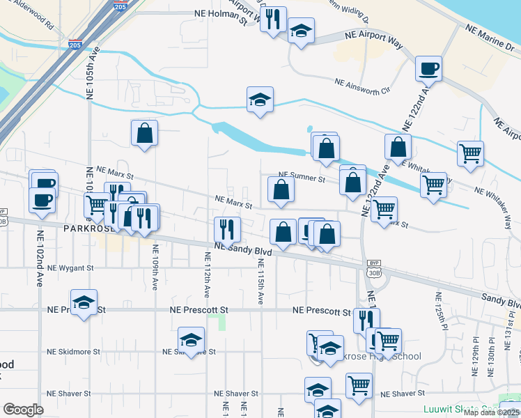 map of restaurants, bars, coffee shops, grocery stores, and more near 5150 Northeast 115th Avenue in Portland