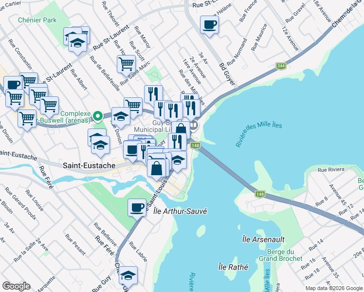 map of restaurants, bars, coffee shops, grocery stores, and more near 196 Rue Saint-Louis in Saint-Eustache