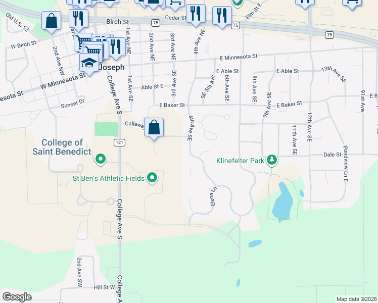 map of restaurants, bars, coffee shops, grocery stores, and more near 325 4th Avenue Southeast in Saint Joseph
