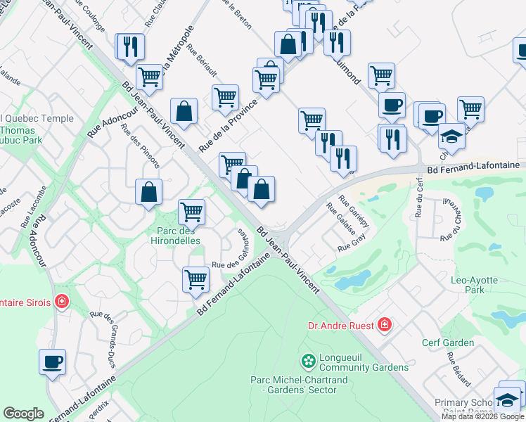 map of restaurants, bars, coffee shops, grocery stores, and more near 877 Boulevard Jean-Paul-Vincent in Longueuil