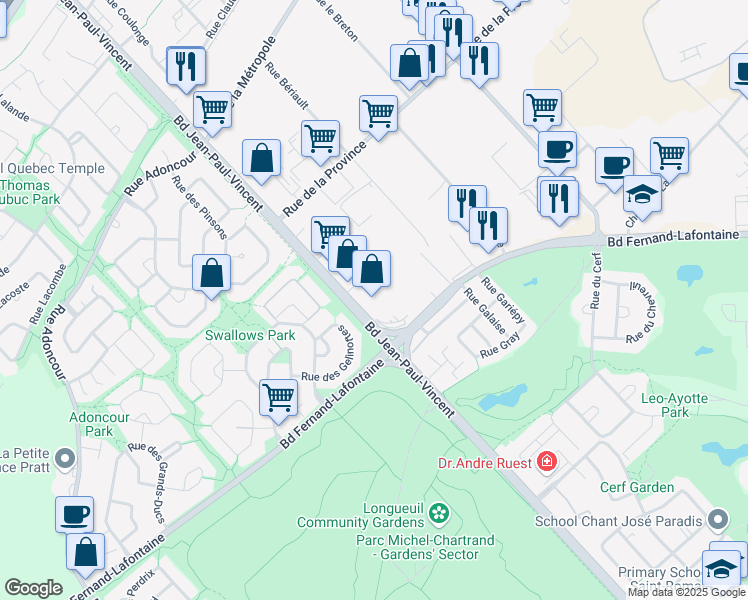 map of restaurants, bars, coffee shops, grocery stores, and more near 877 Boulevard Jean-Paul-Vincent in Longueuil