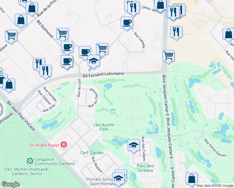 map of restaurants, bars, coffee shops, grocery stores, and more near 1840 Rue Suzor-Coté in Longueuil