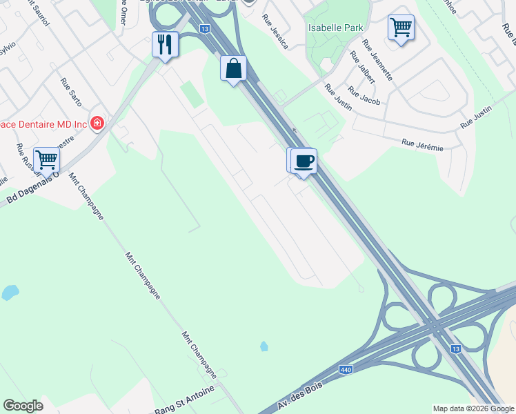 map of restaurants, bars, coffee shops, grocery stores, and more near 3940 Boulevard Dagenais Ouest in Laval