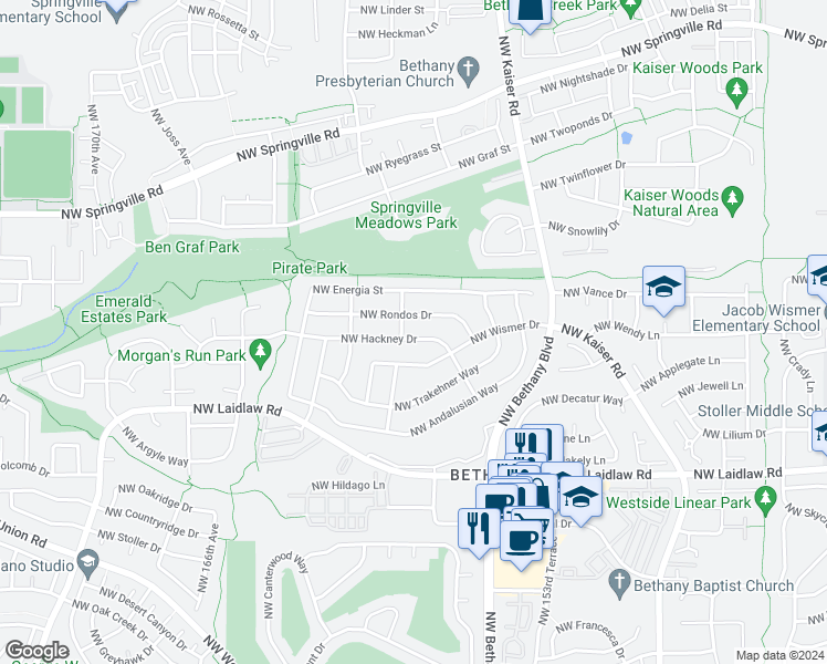 map of restaurants, bars, coffee shops, grocery stores, and more near 15765 Northwest Hackney Drive in Portland