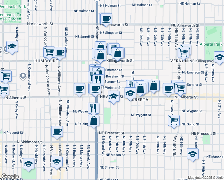 map of restaurants, bars, coffee shops, grocery stores, and more near 602 Northeast Webster Street in Portland