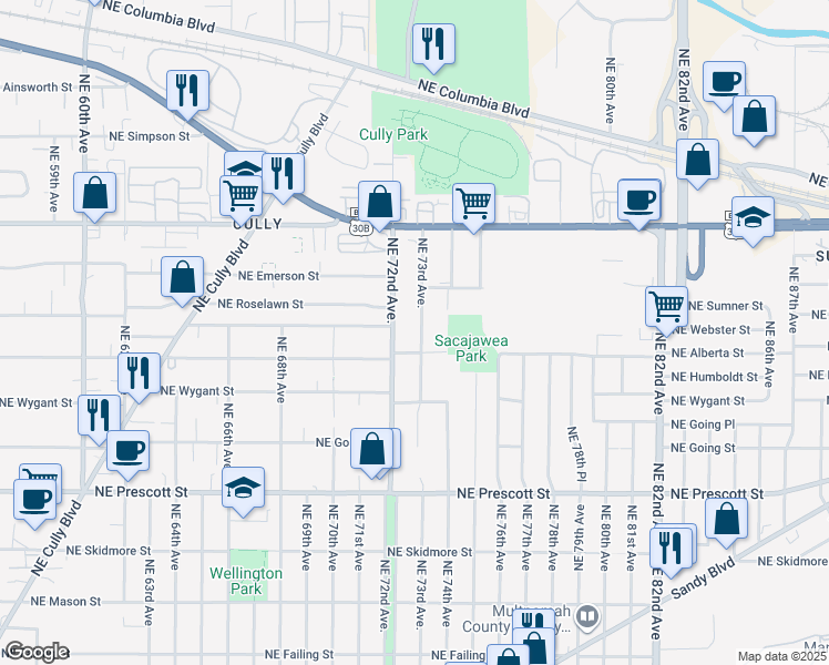 map of restaurants, bars, coffee shops, grocery stores, and more near 5111 Northeast 73rd Avenue in Portland