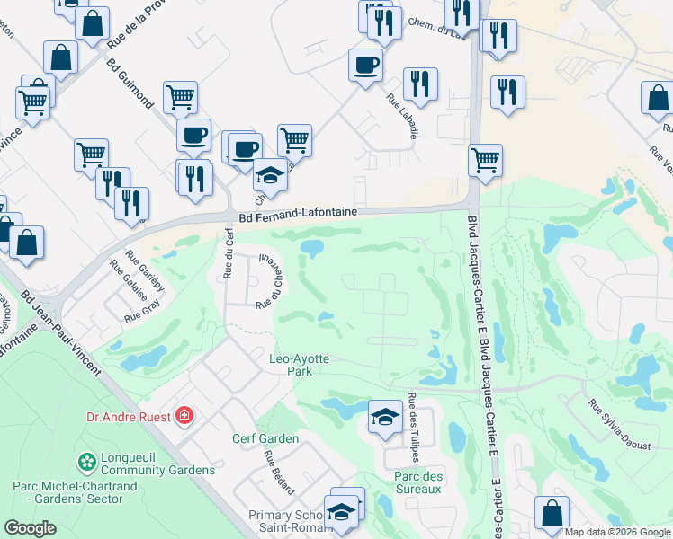 map of restaurants, bars, coffee shops, grocery stores, and more near 1840 Rue Suzor-Coté in Longueuil
