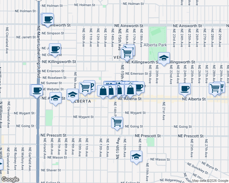 map of restaurants, bars, coffee shops, grocery stores, and more near 5024 Northeast 14th Place in Portland