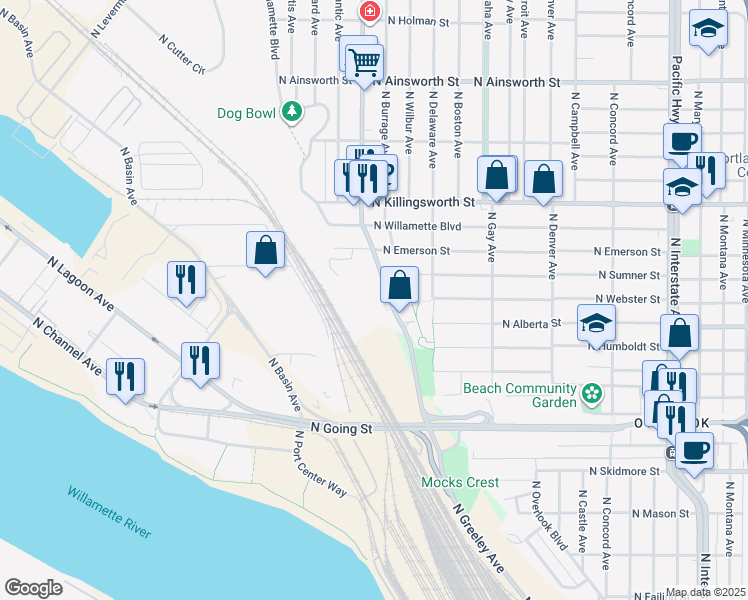 map of restaurants, bars, coffee shops, grocery stores, and more near 5055 N Greeley Ave in Portland