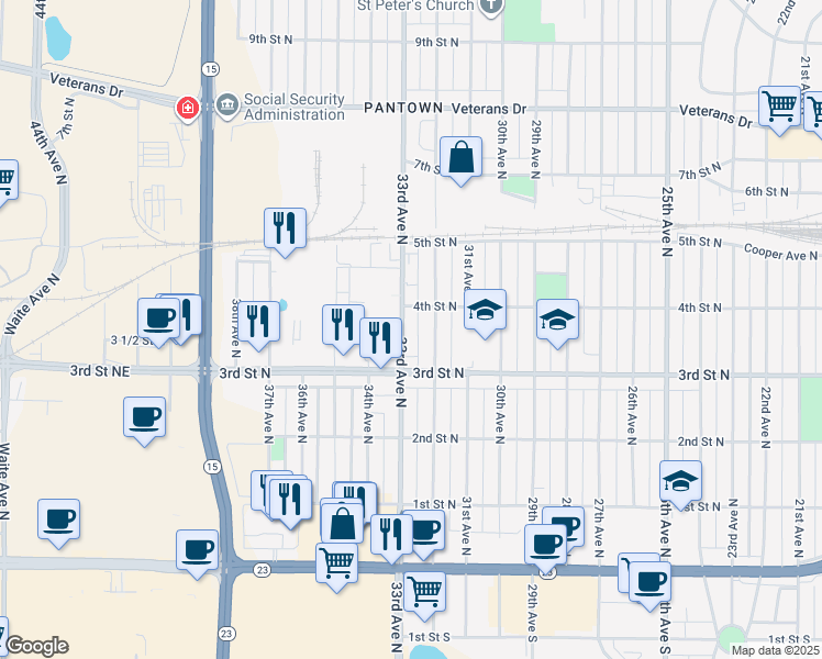 map of restaurants, bars, coffee shops, grocery stores, and more near 326 33rd Avenue North in St. Cloud