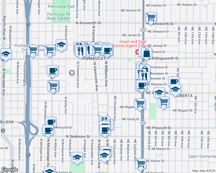 map of restaurants, bars, coffee shops, grocery stores, and more near 5032 North Williams Avenue in Portland