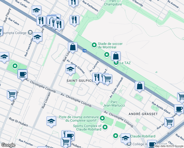 map of restaurants, bars, coffee shops, grocery stores, and more near 9145 Avenue Vincent Quiblier in Montréal