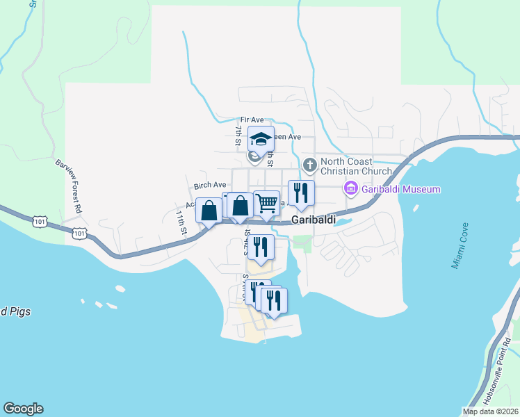 map of restaurants, bars, coffee shops, grocery stores, and more near 309 7th Street in Garibaldi