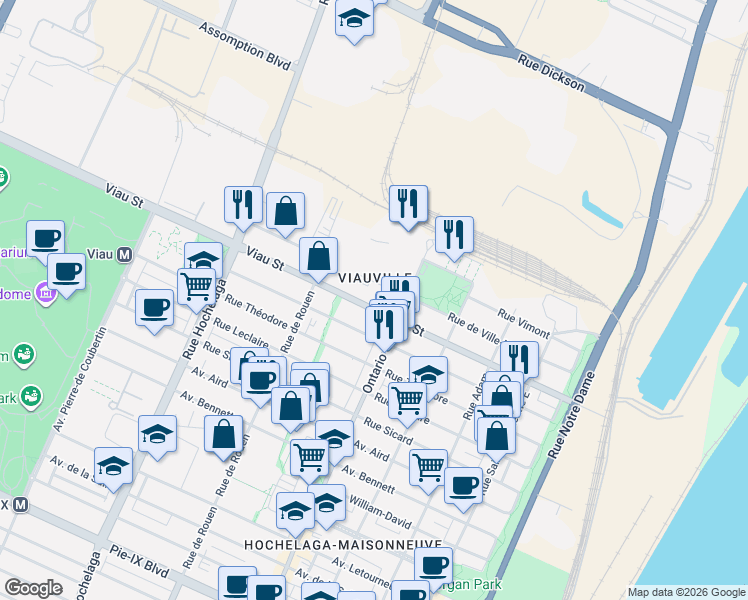 map of restaurants, bars, coffee shops, grocery stores, and more near 4951 Ontario Street East in Montreal