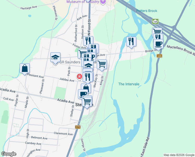 map of restaurants, bars, coffee shops, grocery stores, and more near 131 Mackay Street in Stellarton