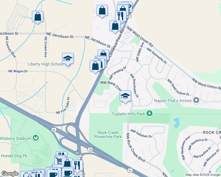 map of restaurants, bars, coffee shops, grocery stores, and more near 5489 Northwest 213th Place in Portland