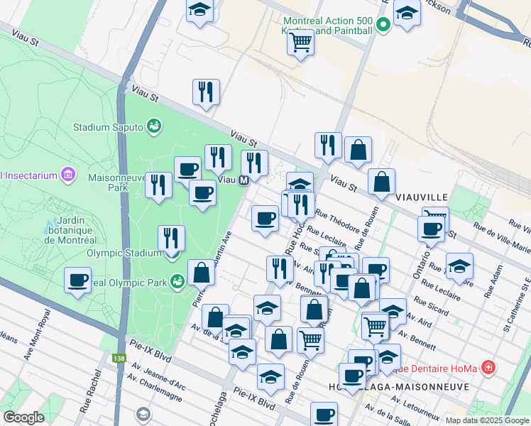 map of restaurants, bars, coffee shops, grocery stores, and more near 2628 Rue Leclaire in Montréal
