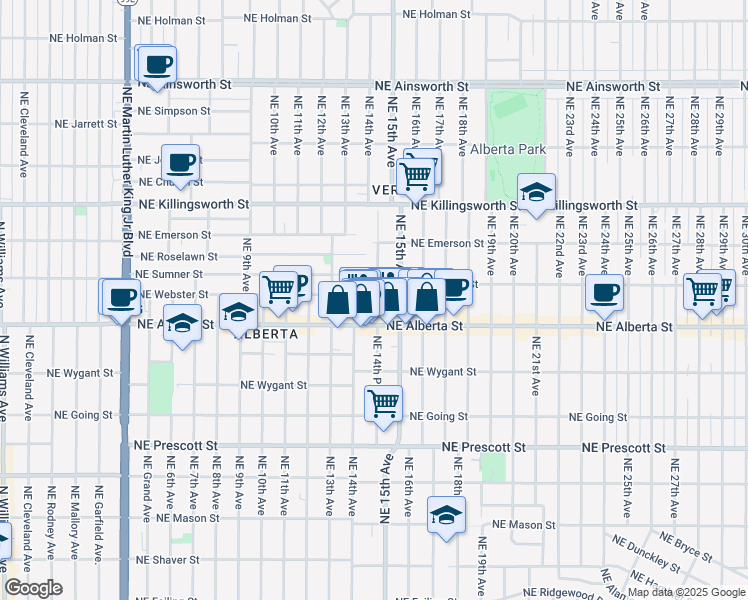 map of restaurants, bars, coffee shops, grocery stores, and more near 5024 Northeast 14th Place in Portland