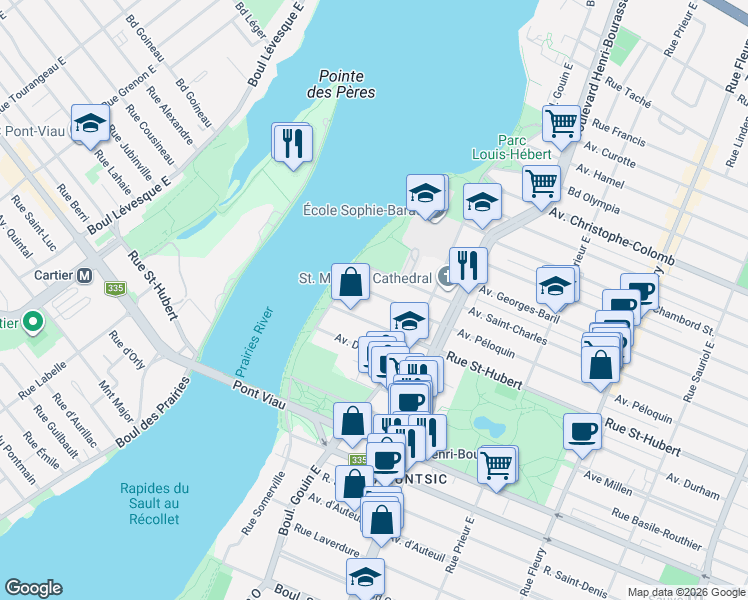 map of restaurants, bars, coffee shops, grocery stores, and more near 10900 Avenue Péloquin in Montréal