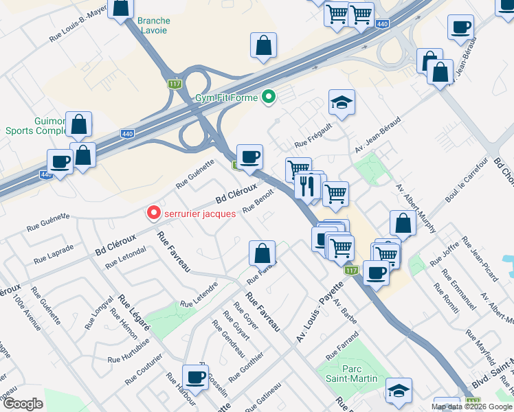map of restaurants, bars, coffee shops, grocery stores, and more near 4050 Rue Benoit in Laval