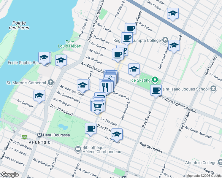 map of restaurants, bars, coffee shops, grocery stores, and more near 1310 Rue Fleury Est in Montréal