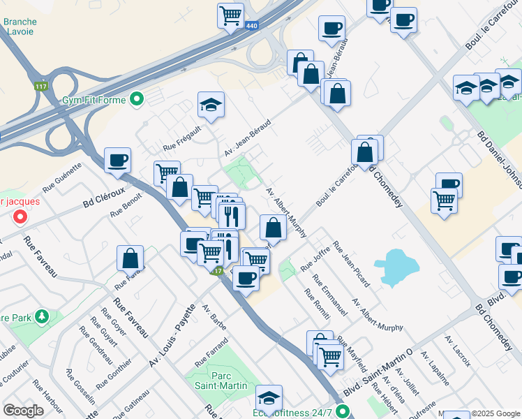 map of restaurants, bars, coffee shops, grocery stores, and more near 3698 Rue Normandin in Laval
