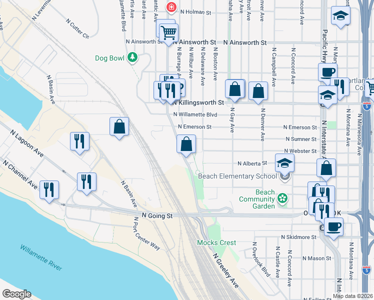 map of restaurants, bars, coffee shops, grocery stores, and more near 5055 North Greeley Avenue in Portland