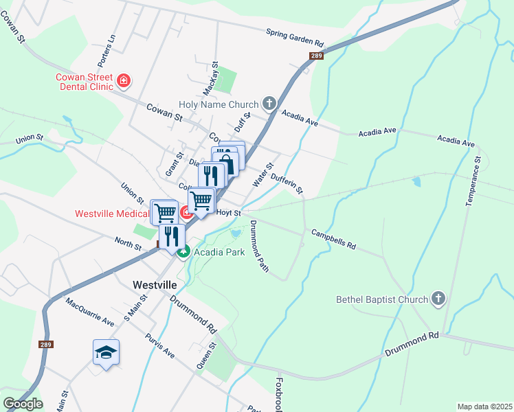 map of restaurants, bars, coffee shops, grocery stores, and more near 1932 College Street in Westville