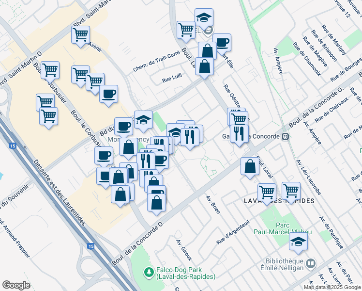 map of restaurants, bars, coffee shops, grocery stores, and more near 475 Boulevard de l'Avenir in Laval
