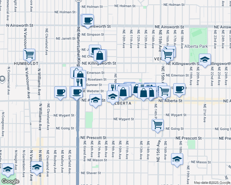 map of restaurants, bars, coffee shops, grocery stores, and more near 931 Northeast Alberta Street in Portland