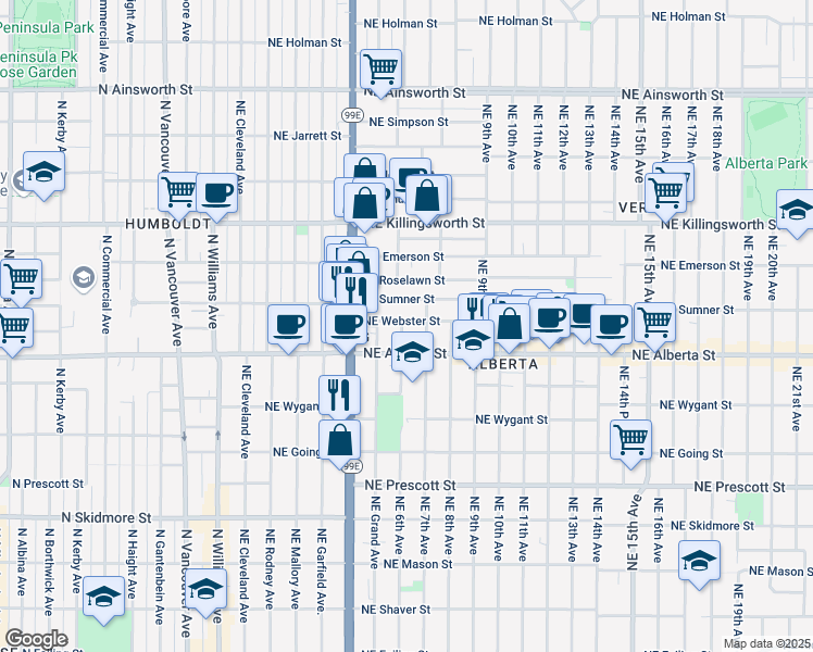 map of restaurants, bars, coffee shops, grocery stores, and more near 5017 Northeast 6th Avenue in Portland