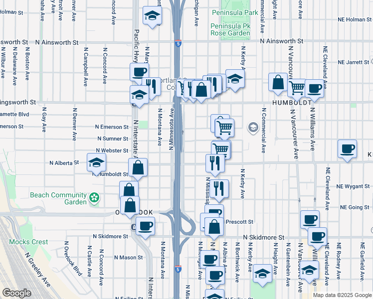 map of restaurants, bars, coffee shops, grocery stores, and more near 5023 North Michigan Avenue in Portland
