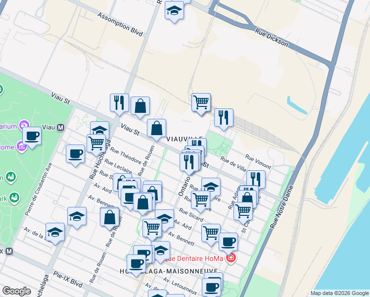 map of restaurants, bars, coffee shops, grocery stores, and more near 2097 Viau Street in Montreal