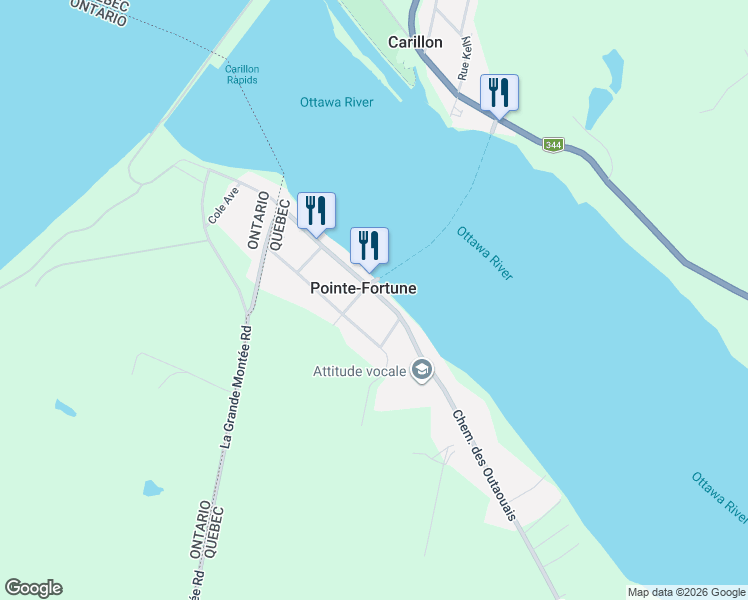map of restaurants, bars, coffee shops, grocery stores, and more near 637 Chemin des Outaouais in Pointe-Fortune