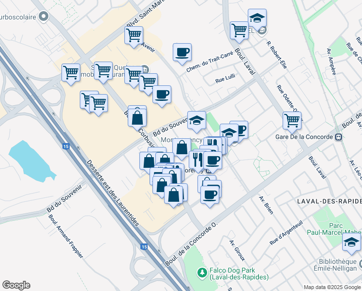 map of restaurants, bars, coffee shops, grocery stores, and more near 1420 Rue Lucien-Paiement in Laval