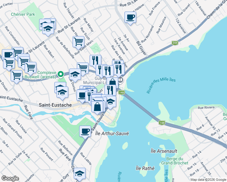 map of restaurants, bars, coffee shops, grocery stores, and more near 196 Rue Saint-Louis in Saint-Eustache