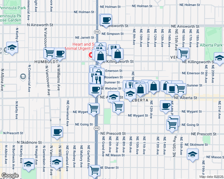 map of restaurants, bars, coffee shops, grocery stores, and more near 602 Northeast Webster Street in Portland