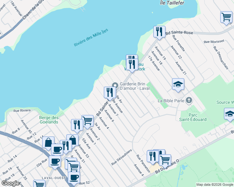 map of restaurants, bars, coffee shops, grocery stores, and more near 4714 Boulevard Sainte-Rose in Laval