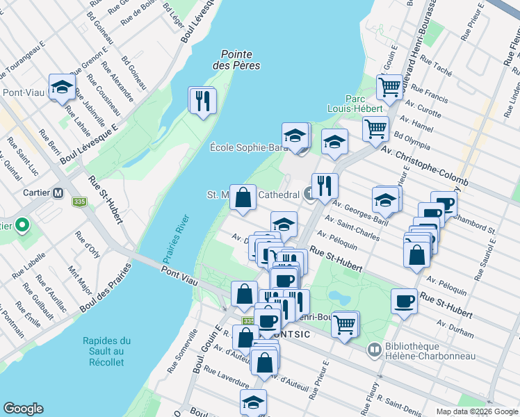 map of restaurants, bars, coffee shops, grocery stores, and more near 10900 Avenue Péloquin in Montréal